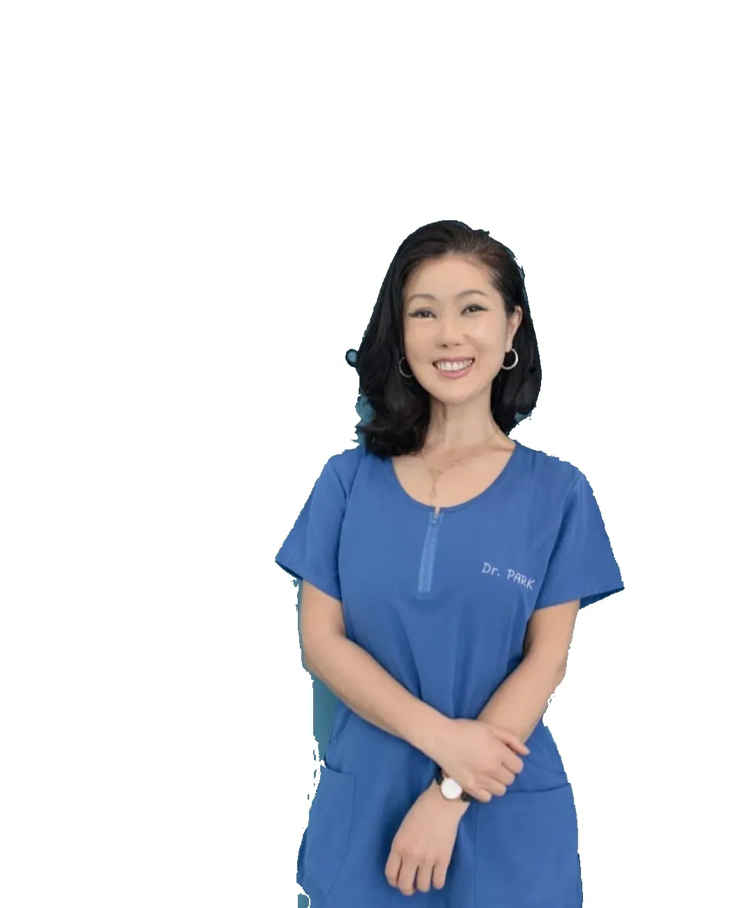 Porträt von Dre Won Jeong Veronica Park in Arbeitskleidung in der Praxis.